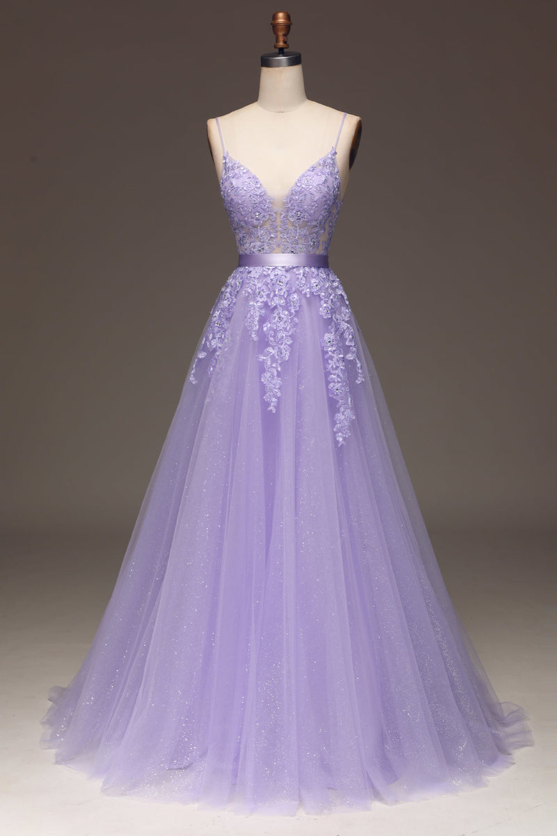 Queendancer Women Purple Prom Dress A-Line Spaghetti Straps Long Beaded ...
