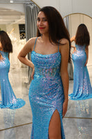 Load image into Gallery viewer, Sparkly Blue Mermaid Long Prom Dress With Slit