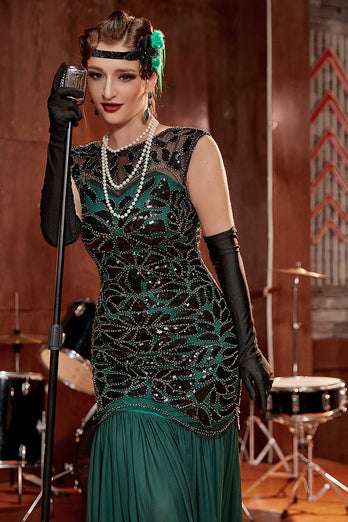 Dark Green Long 1920s Sequined Flapper Dress