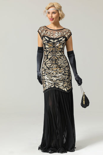 Champagne Sequins Round Neck 1920s Dress