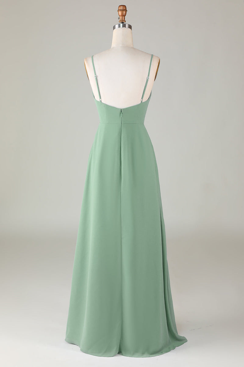 Load image into Gallery viewer, Spaghetti Straps Matcha Long Bridesmaid Dress with Ruffles