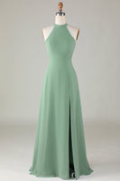 Load image into Gallery viewer, A-Line Halter Open Back Matcha Bridesmaid Dress with Split Front