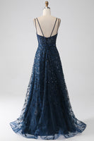 Load image into Gallery viewer, A-Line Dark Navy Spaghetti Straps Long Prom Dress with Slit