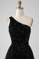 Load image into Gallery viewer, A-Line Black One Shoulder Sequins Prom Dress