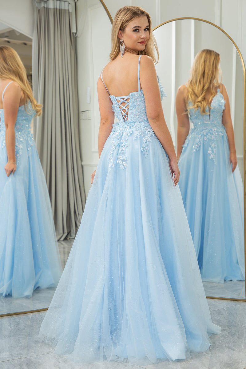 Queendancer Women Light Blue Long Prom Dress A Line Tulle Formal Dress ...