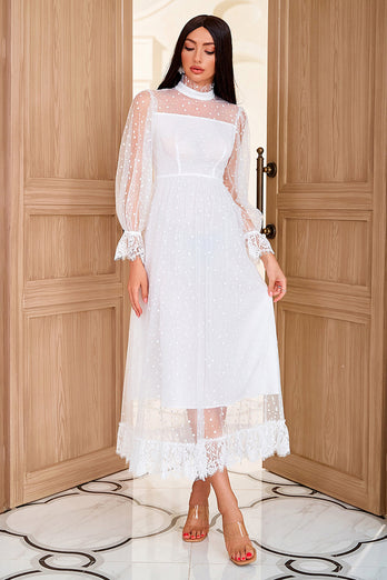 Long Sleeve Ruffle A Line White Maxi Dress