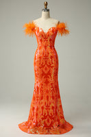 Load image into Gallery viewer, Sparkly Mermaid Orange Long Prom Dress with Feathers