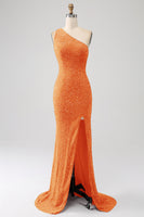 Load image into Gallery viewer, Sparkly Orange Mermaid One Shoulder Sequins Prom Dress with Slit