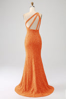 Load image into Gallery viewer, Sparkly Orange Mermaid One Shoulder Sequins Prom Dress with Slit