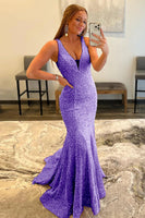 Load image into Gallery viewer, Purple Deep V Neck Mermaid Prom Dress