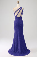 Load image into Gallery viewer, Sparkly Orange Mermaid One Shoulder Sequins Prom Dress with Slit