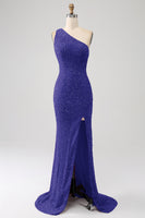 Load image into Gallery viewer, Sparkly Orange Mermaid One Shoulder Sequins Prom Dress with Slit