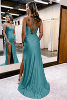 Load image into Gallery viewer, Golden Spaghetti Straps Satin Mermaid Prom Dress with Slit