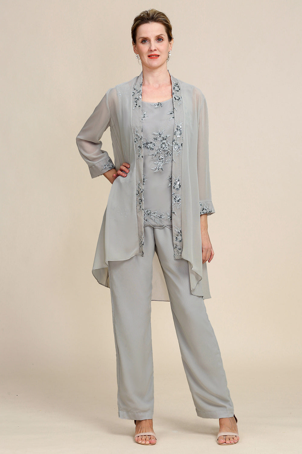 Grey 3 Piece Mother of the Bride Pant Suits with Lace