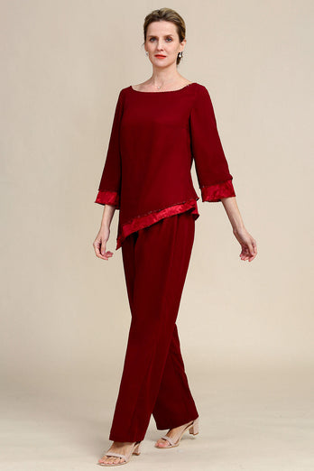 Queendancer Women Burgundy Long Sleeves 2 Piece Mother of the