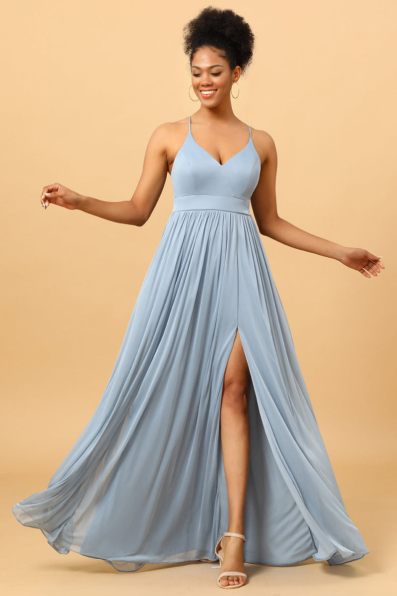 Load image into Gallery viewer, Dusty Blue A-Line Long Chiffon Bridesmaid Dress with Slit