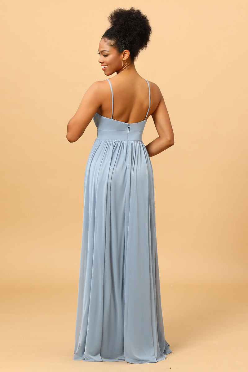 Load image into Gallery viewer, Dusty Blue A-Line Long Chiffon Bridesmaid Dress with Slit
