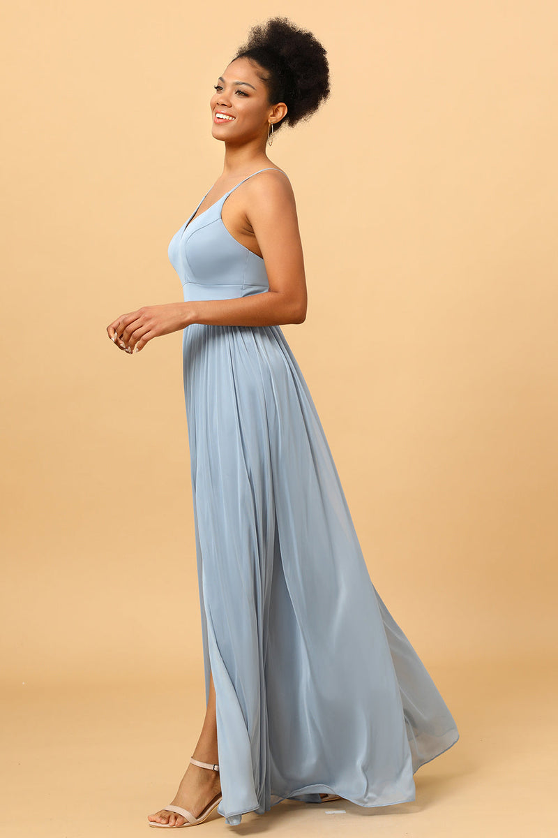 Load image into Gallery viewer, Dusty Blue A-Line Long Chiffon Bridesmaid Dress with Slit