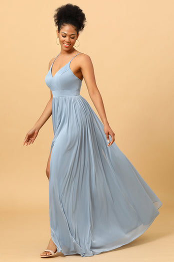 Dusty Blue A-Line Long Chiffon Bridesmaid Dress with Slit