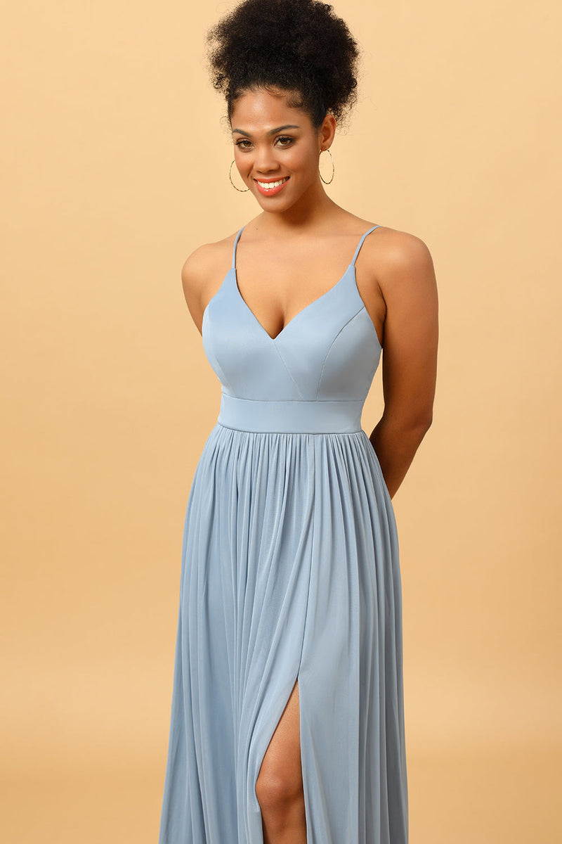 Load image into Gallery viewer, Dusty Blue A-Line Long Chiffon Bridesmaid Dress with Slit