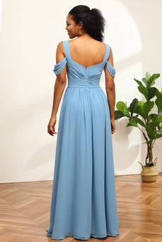 Steel Blue Cold Shoulder Chiffon Bridesmaid Dress