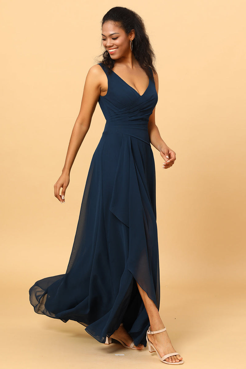 Load image into Gallery viewer, Navy V-Neck Chiffon Bridesmaid Dress with Ruffles