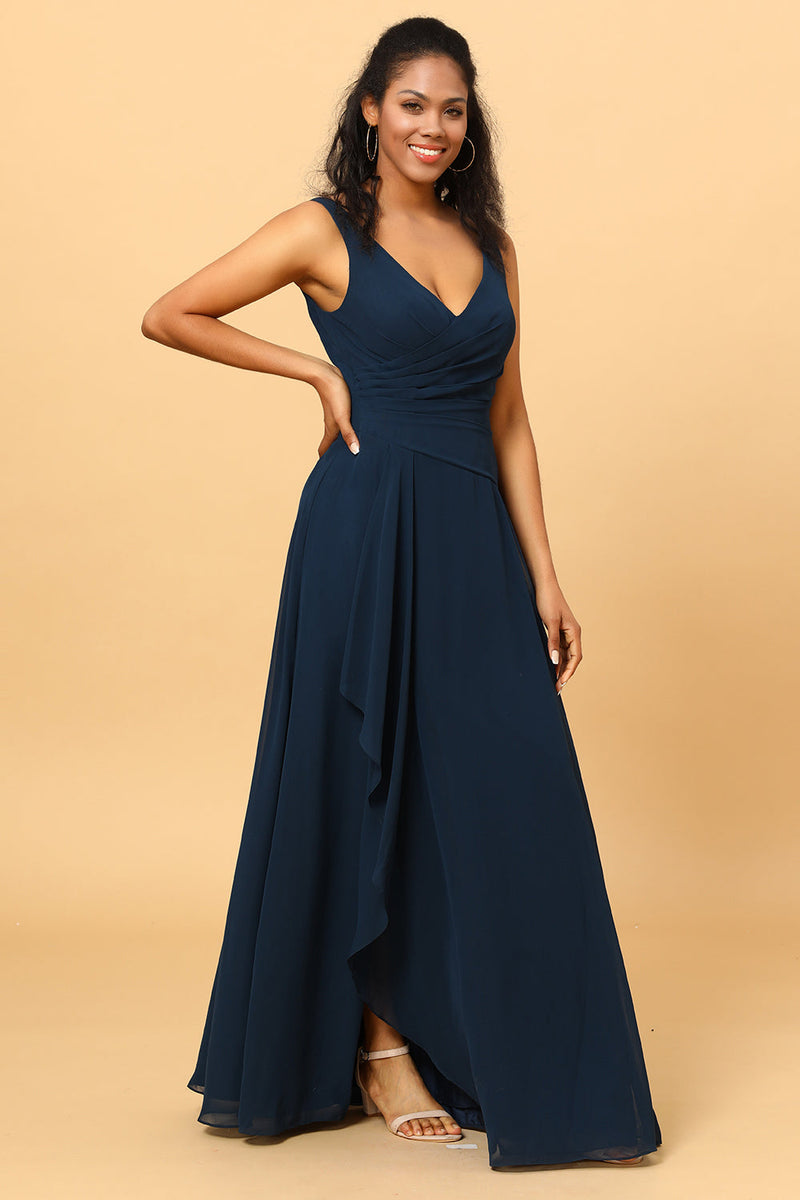 Load image into Gallery viewer, Navy V-Neck Chiffon Bridesmaid Dress with Ruffles