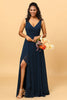 Load image into Gallery viewer, Navy V-Neck Chiffon Bridesmaid Dress with Ruffles