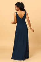 Load image into Gallery viewer, Navy V-Neck Chiffon Bridesmaid Dress with Ruffles