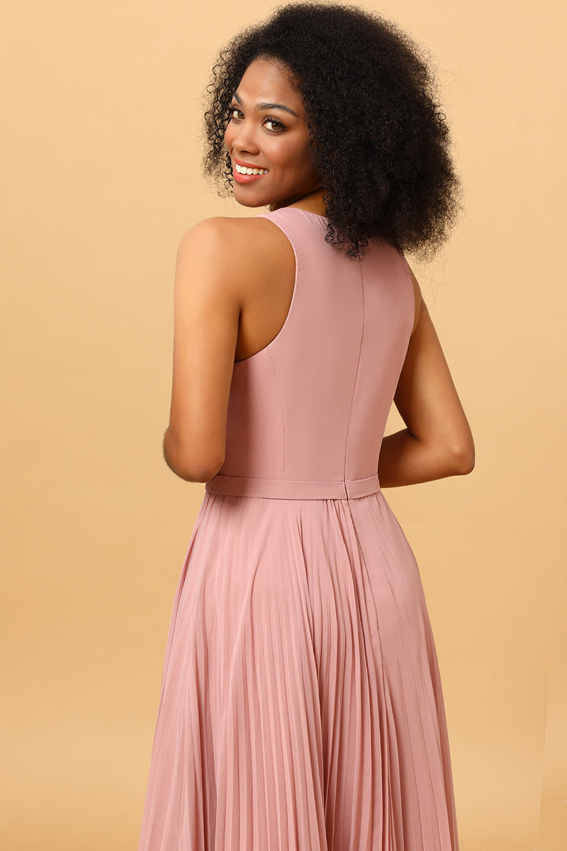 Load image into Gallery viewer, Blush Long Chiffon Pleated Bridesmaid Dress with Slit