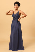 Load image into Gallery viewer, Twilight V-Neck Long Chiffon Bridesmaid Dress with Lace