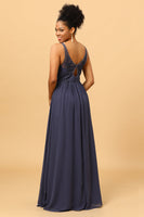 Load image into Gallery viewer, Twilight V-Neck Long Chiffon Bridesmaid Dress with Lace