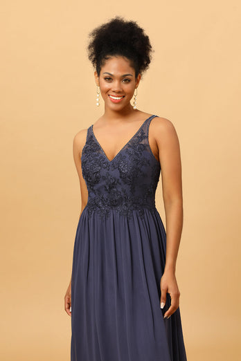 Twilight V-Neck Long Chiffon Bridesmaid Dress with Lace