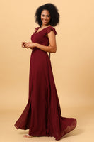Load image into Gallery viewer, Chiffon Burgundy Bridesmaid Dress with Slit