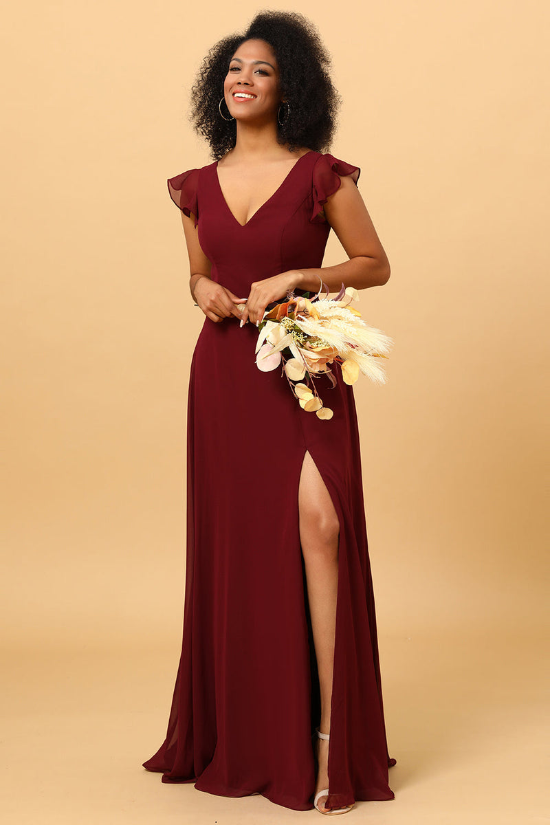Load image into Gallery viewer, Chiffon Burgundy Bridesmaid Dress with Slit