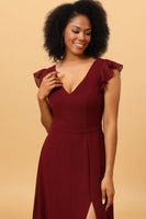 Load image into Gallery viewer, Chiffon Burgundy Bridesmaid Dress with Slit