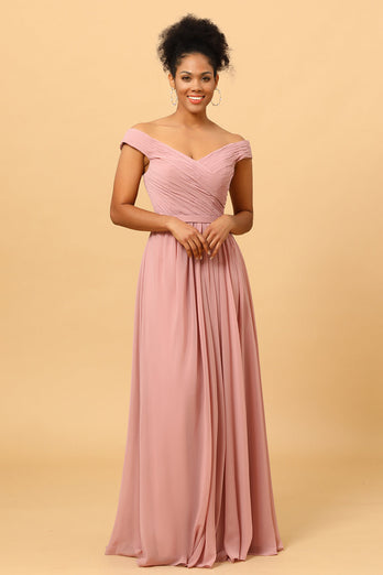 Ruffles Chiffon Pink Bridesmaid Dress with Slit