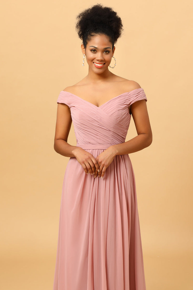 Load image into Gallery viewer, Ruffles Chiffon Pink Bridesmaid Dress with Slit