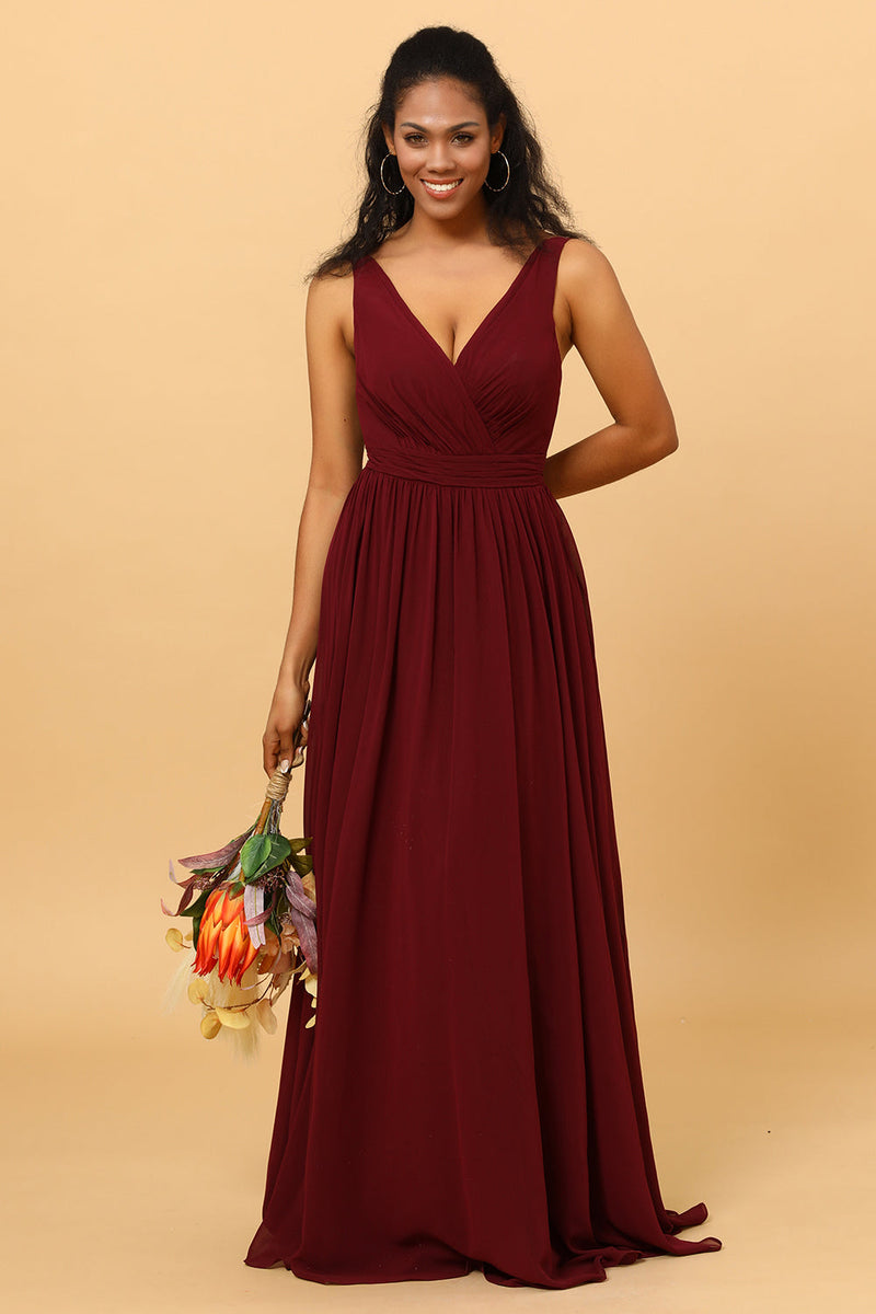 Load image into Gallery viewer, A-line Chiffon Burgundy Bridesmaid Dress
