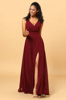 Load image into Gallery viewer, Burgundy Wrap Chiffon Bridesmaid Dress with Slit