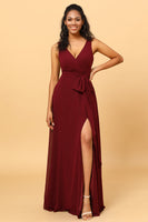 Load image into Gallery viewer, Burgundy Wrap Chiffon Bridesmaid Dress with Slit