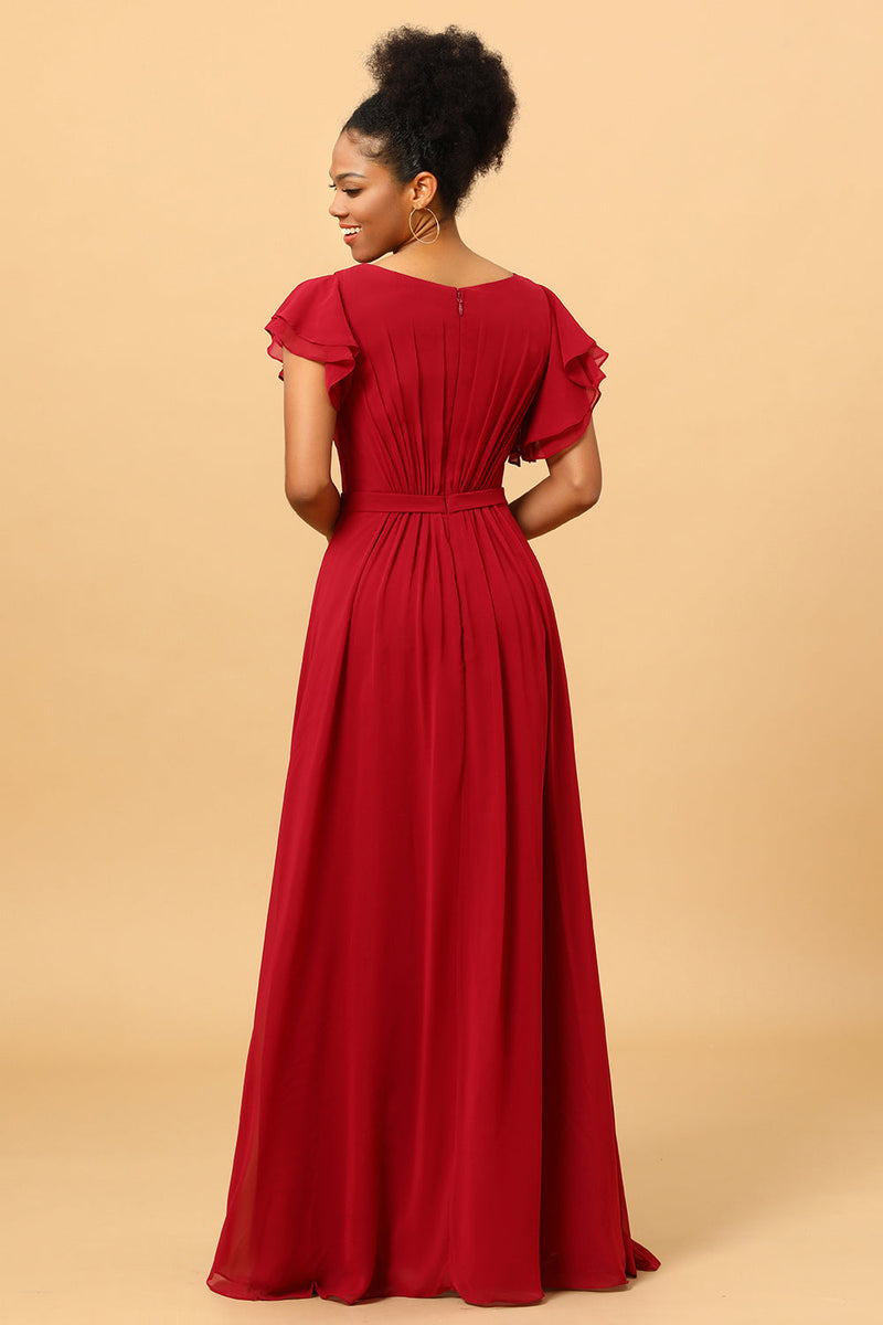 Load image into Gallery viewer, Chiffon Burgundy Bridesmaid Dress with Ruffles Sleeves