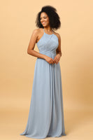 Load image into Gallery viewer, Dusty Blue Sheath Halter Open Back Long Chiffon Bridesmaid Dress