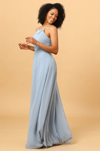 Dusty Blue Sheath Halter Open Back Long Chiffon Bridesmaid Dress