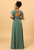 Load image into Gallery viewer, Eucalyptus A Line V-Neck Ruched Long Chiffon Bridesmaid Dress with Slit