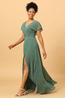 Load image into Gallery viewer, Eucalyptus A Line V-Neck Ruched Long Chiffon Bridesmaid Dress with Slit