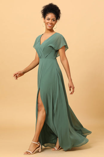 Eucalyptus A Line V-Neck Ruched Long Chiffon Bridesmaid Dress with Slit