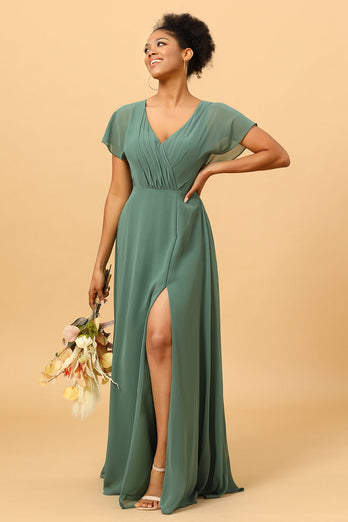Eucalyptus A Line V-Neck Ruched Long Chiffon Bridesmaid Dress with Slit