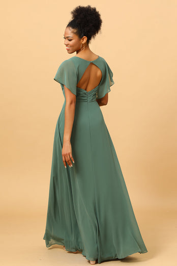 Eucalyptus A Line V-Neck Ruched Long Chiffon Bridesmaid Dress with Slit