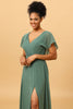 Load image into Gallery viewer, Eucalyptus A Line V-Neck Ruched Long Chiffon Bridesmaid Dress with Slit